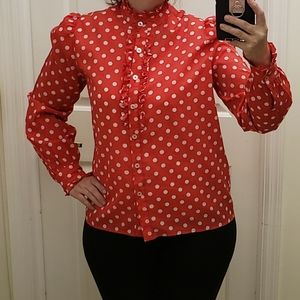 Vintage Red and White Polka Dot Long Sleeve High Ruffle Neck Button Down Shirt L